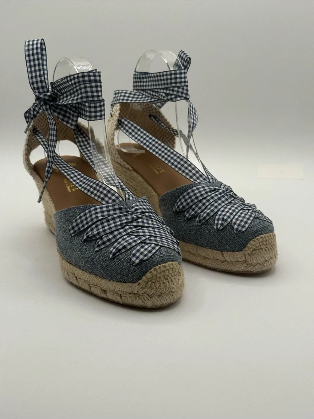 Paseart Denim Espadrille Wedge Sandals Blue Gingham Lace-Up Ankle Tie Platform